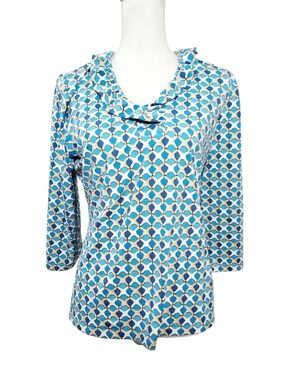 J. McLaughlin Blue and White Geometric Ruffle Neck Durham Top L